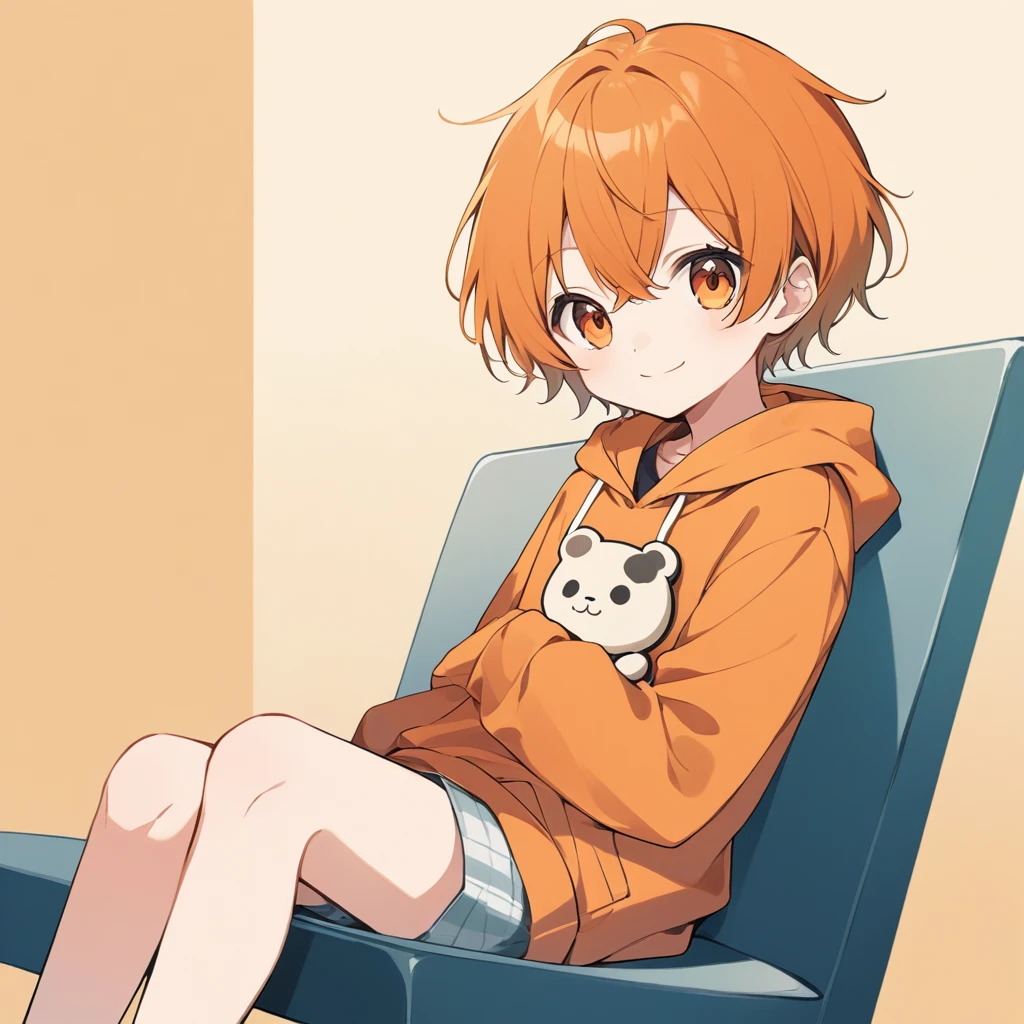 Orange Hair, Orange eyes,Short Hair,smile, a bit, hoodie,maleの子一人,a bitキャラ,anime,whole body,mini,Sitting,male,半袖のhoodie,小さいmaleの子