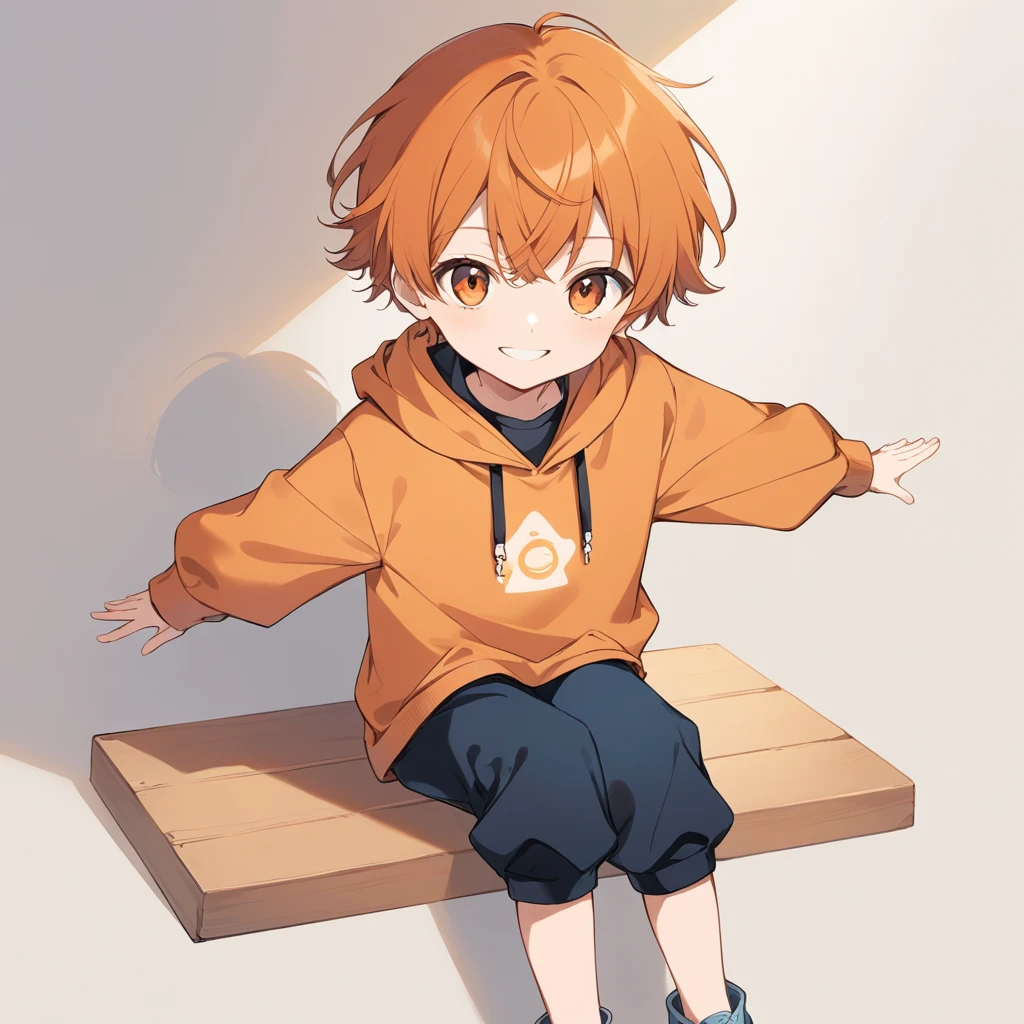 Orange Hair, Orange eyes,Short Hair,smile, a bit, hoodie,maleの子一人,a bitキャラ,anime,whole body,mini,Sitting,male,半袖のhoodie,小さいmaleの子