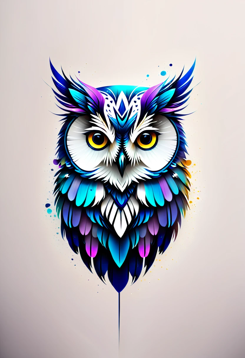 Prompt: Design a logo featuring an owl. Please consider the following elements: • No text included • Utilize the silhouette of an owl to create a simple and highly recognizable design • Emphasize the owl’s large eyes, designing the shape and pupils in a geometric and stylish manner • Abstract the feather patterns, incorporating delicate and beautiful lines into the design • Focus on minimalism, eliminating unnecessary details • Break down the owl’s shape into geometric forms, combining straight and curved lines to give a modern impression • Maintain symmetry for a balanced design Color Specifications: • The main colors should be black and white to emphasize a sleek and simple impression • Use a muted gold or deep blue as accent colors for the owl’s eyes and some feathers • The accent colors should be used sparingly to not overwhelm the overall design balance Owl Shape Specifications: • The overall shape of the owl should have a rounded silhouette • The eyes should be large and give a sharp impression • The beak and ear tufts should be simplified to maintain the overall balance • Minimize or omit the legs and talons to keep them from drawing too much attention • Use abstract and geometric patterns for the feathers to provide unity in the design Overall, create a logo design that captures the essence of an owl in a simple and sophisticated manner.Colorful paint ink splashes、Concept Art、Logo Design、Breathtakingly beautiful、Artistic、Masterpiece