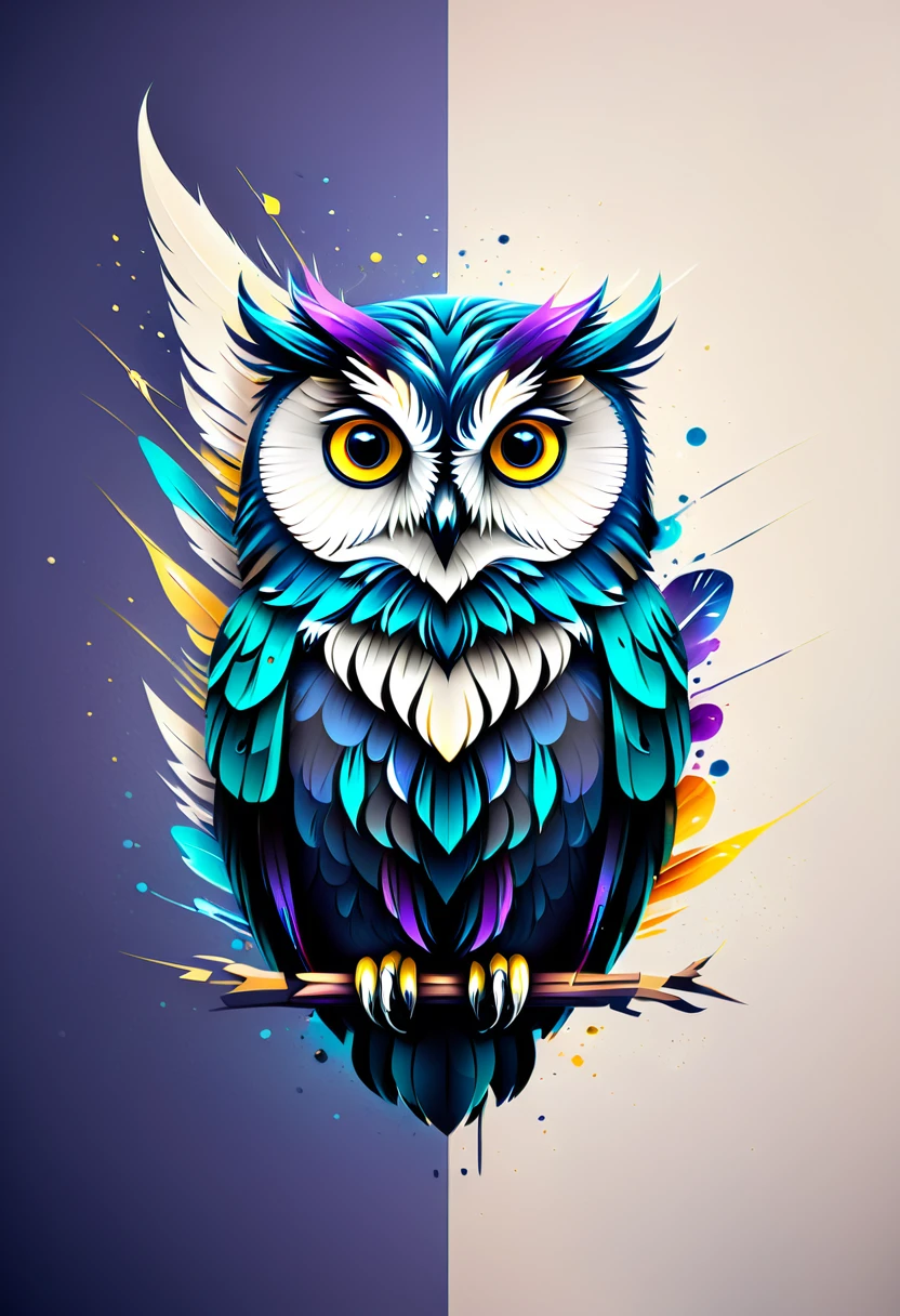 Prompt: Design a logo featuring an owl. Please consider the following elements: • No text included • Utilize the silhouette of an owl to create a simple and highly recognizable design • Emphasize the owl’s large eyes, designing the shape and pupils in a geometric and stylish manner • Abstract the feather patterns, incorporating delicate and beautiful lines into the design • Focus on minimalism, eliminating unnecessary details • Break down the owl’s shape into geometric forms, combining straight and curved lines to give a modern impression • Maintain symmetry for a balanced design Color Specifications: • The main colors should be black and white to emphasize a sleek and simple impression • Use a muted gold or deep blue as accent colors for the owl’s eyes and some feathers • The accent colors should be used sparingly to not overwhelm the overall design balance Owl Shape Specifications: • The overall shape of the owl should have a rounded silhouette • The eyes should be large and give a sharp impression • The beak and ear tufts should be simplified to maintain the overall balance • Minimize or omit the legs and talons to keep them from drawing too much attention • Use abstract and geometric patterns for the feathers to provide unity in the design Overall, create a logo design that captures the essence of an owl in a simple and sophisticated manner.Colorful paint ink splashes、Concept Art、Logo Design、Breathtakingly beautiful、Artistic、Masterpiece