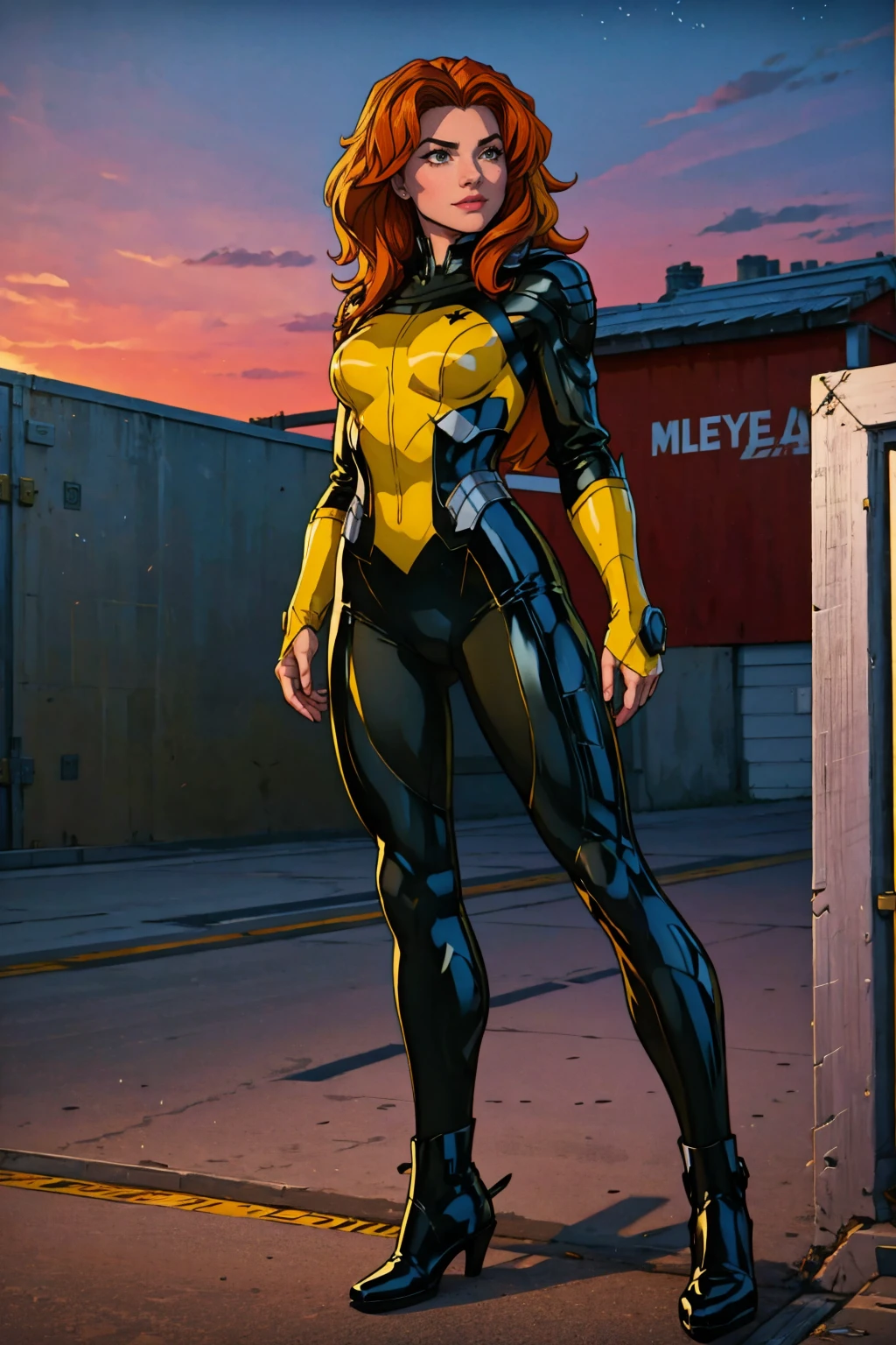 ((Full body photo, standing, feet on the ground)) (best quality, 4k, 8k, high resolution, masterpiece: 1,2), ultra-detailed, fishnet tights, (realistic, photorealistic, photorealistic: 1, 37), full body photo, Rogue, X-Men, yellow high boots, beauty pose, standing, show feet, outside, city roof at night, black and white uniform

