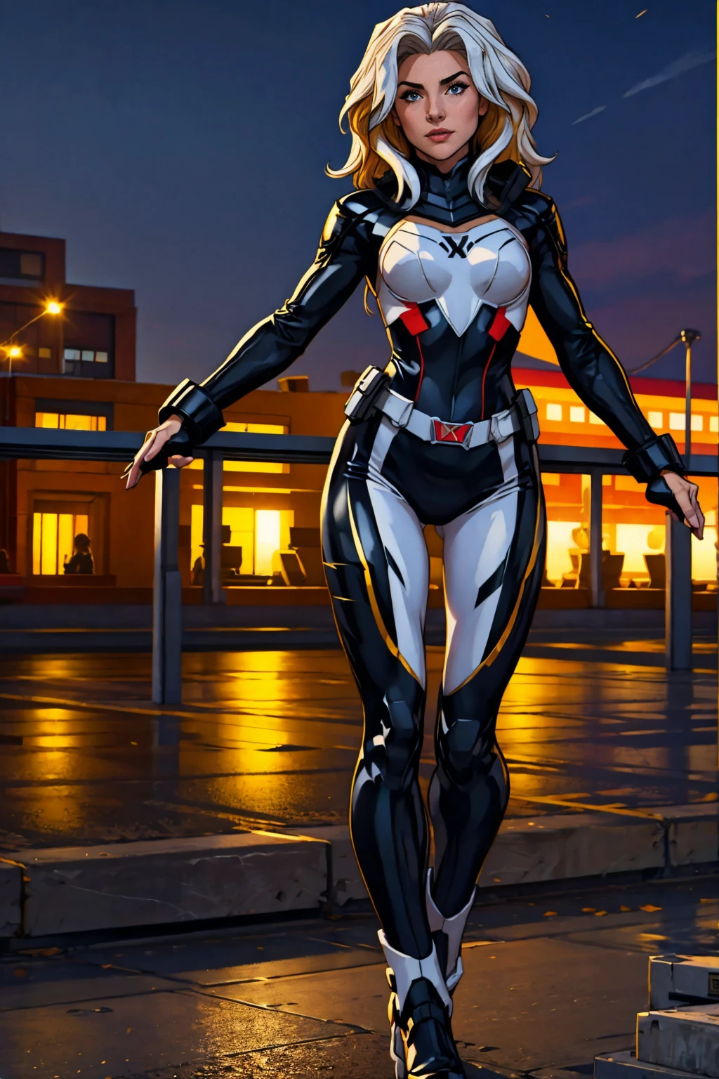 ((Full body photo, standing, feet on the ground)) (best quality, 4k, 8k, high resolution, masterpiece: 1,2), ultra-detailed, fishnet tights, (realistic, photorealistic, photorealistic: 1, 37), full body photo, Rogue, X-Men, yellow high boots, beauty pose, standing, show feet, outside, city roof at night, black and white uniform