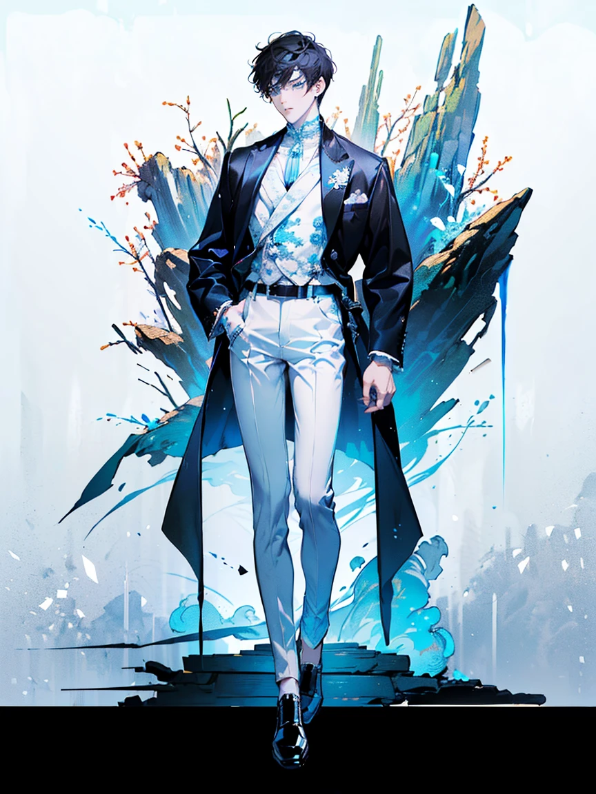 ((full body: 2)), ((UHD, masterpiece, super detail, best quality, highres, 8k)), (detailed line art), perfect face, perfect body, perfect hands, perfect feet.
Humans, around 20 years old, (2 males: 2.0), male idols, (simple background, magazine cover style: 1.5).
first person :Gentle atmosphere, standing on the right, (bright blonde hair), (parallel eyebrows, light blue eyes, droopy eyes, thin lips), (white top, collarbone-revealing shirt, puffed sleeves shirt, white ribbon decorations:1.5, white frill decorations:1.5, white corset, high-waisted white pants, white belt, white leather shoes), (white ribbon choker), (angelic atmosphere), (looking forward).
second person : Cool atmosphere, standing on the left, (black hair), (parallel eyebrows, light blue eyes, slanted eyes, thin lips), (black top, high-neck top, tight-fitting top, black jacket, short-length jacket, black belt decorations:1.5, black pants, black belt, black leather shoes), (black earrings, black bracelet), (devilish atmosphere), (looking forward).