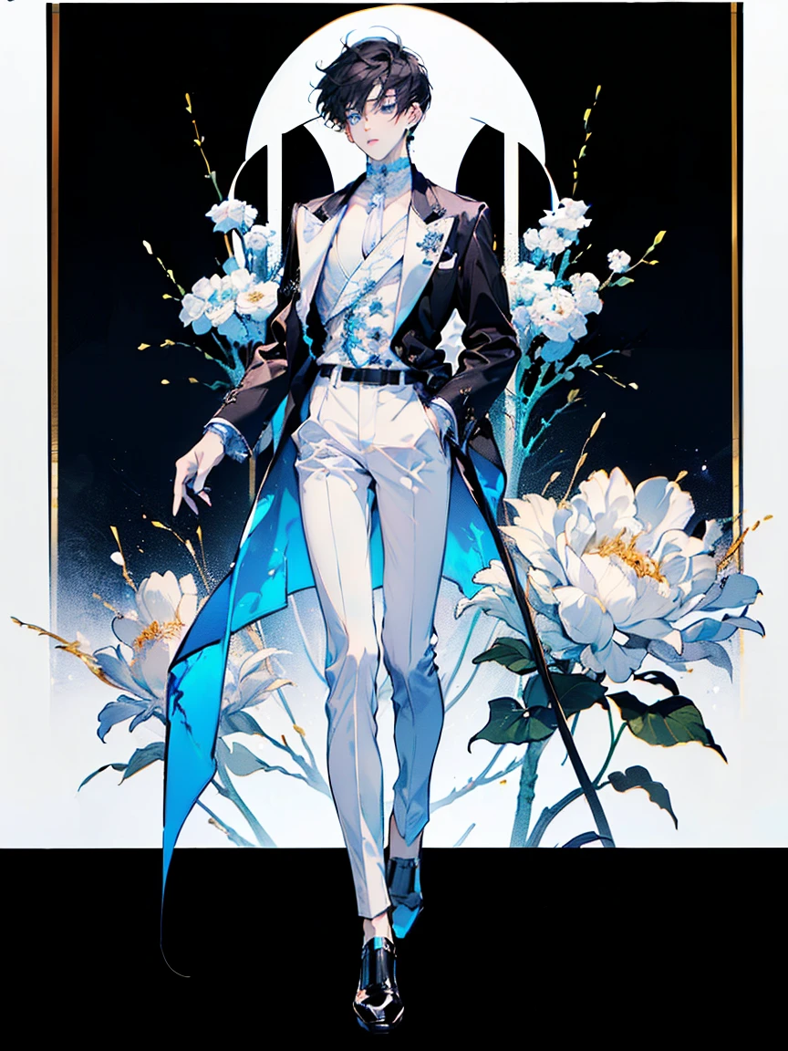 ((full body: 2)), ((UHD, masterpiece, super detail, best quality, highres, 8k)), (detailed line art), perfect face, perfect body, perfect hands, perfect feet.
Humans, around 20 years old, (2 males: 2.0), male idols, (simple background, magazine cover style: 1.5).
first person :Gentle atmosphere, standing on the right, (bright blonde hair), (parallel eyebrows, light blue eyes, droopy eyes, thin lips), (white top, collarbone-revealing shirt, puffed sleeves shirt, white ribbon decorations:1.5, white frill decorations:1.5, white corset, high-waisted white pants, white belt, white leather shoes), (white ribbon choker), (angelic atmosphere), (looking forward).
second person : Cool atmosphere, standing on the left, (black hair), (parallel eyebrows, light blue eyes, slanted eyes, thin lips), (black top, high-neck top, tight-fitting top, black jacket, short-length jacket, black belt decorations:1.5, black pants, black belt, black leather shoes), (black earrings, black bracelet), (devilish atmosphere), (looking forward).