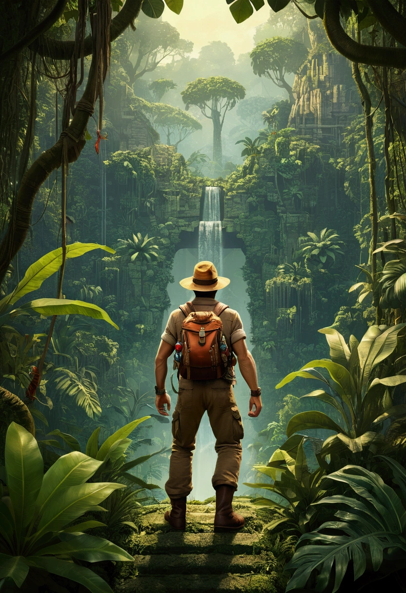 (Jungle Adventurer), a (Retro) video game art style, game cover, full body, award-winning, cinematic still, emotional, vignette, dynamic, vivid, (masterpiece, best quality, Professional, perfect composition, very aesthetic, absurdres, ultra-detailed, intricate details:1.3)