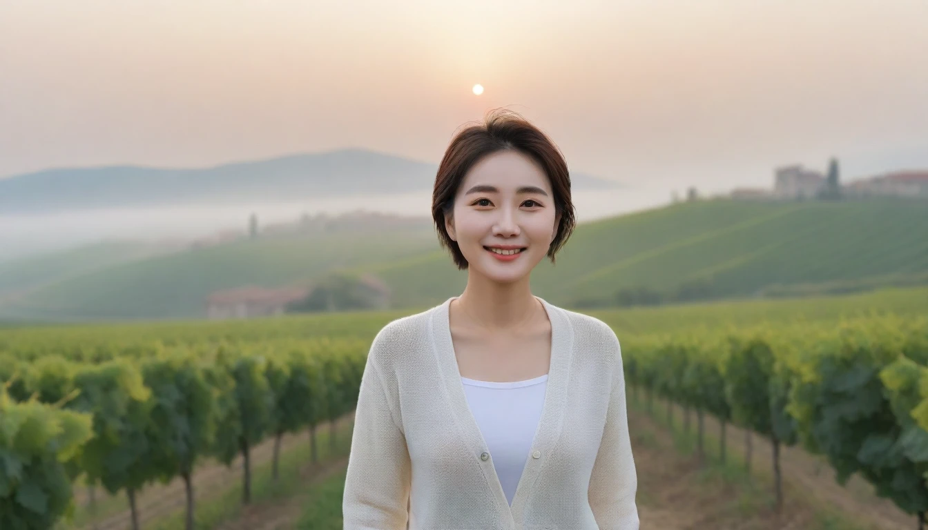 8k realistic, lifelike photo,, 36 year old Korean woman, Short in stature, pretty like a model. white shirt short cardigan, casual pants, short medium hair, Smiley, Italy. vineyard, thick dawn fog. vineyard 멀리 짙은 안개 속으로 마을이 보인다. 1 woman, Short in stature, Excellent picture quality, The morning fog is thick, The picture quality is alive. 옆면 look up, sunrise red light, A monastery can be seen in the distance, . Smiley, Wide angle lens upper body shot, look up, standing on the path, Show your waist, Make your whole body visible
