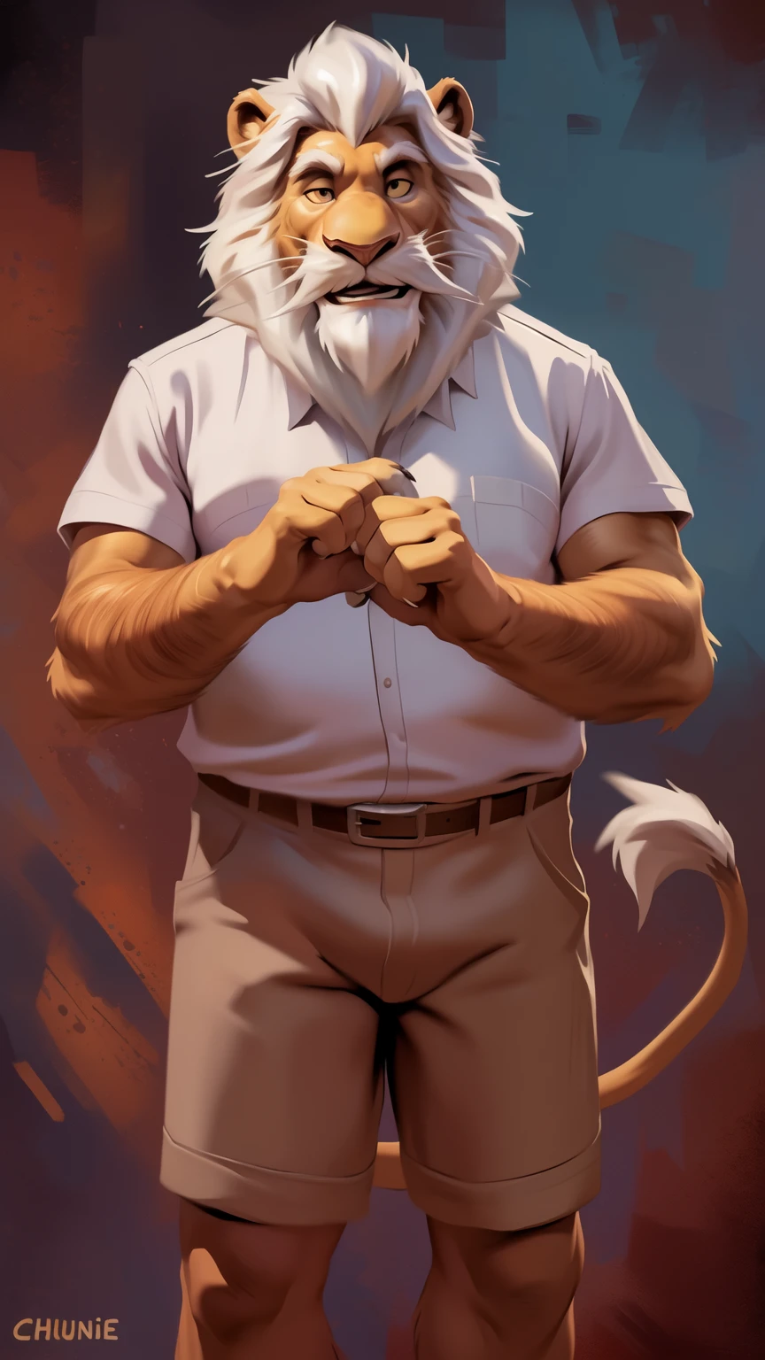 by chunie by catsudon by retros, male,ridiculuous,((mature,mature male)),((Bearded,mustache)), felid, solo, ((Lion,tail)),(white hair), facial hair, facing viewer, ((Highly detailed face)), (((Grandpa Figure))), ((smilling)), red and orange abstract background, ((white shirt)),((short pants)), smile, ((((wise)))),
