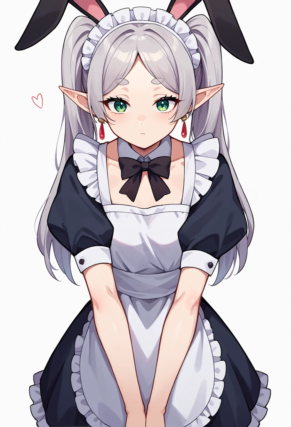 score_9, score_8_superior, score_7_superior, score_6_superior, BREAK Source Anime, Nereil, Freezing, One girl, alone, Maid headdress, Pointed Ears, Twin tails, Green Eyes, jewelry, Earrings, Maid apron, Maid, View your viewers, White Background, dress, Animal ears, Simple Background, bow, bowtie, Bunny ears, black bow, ???? sleeves, black dress, Long Hair, Frills, Mouth closed, White ?????, v Arms, bangs, Grey Hair, Thick eyebrows, black bowtie, Fairy, Short sleeve