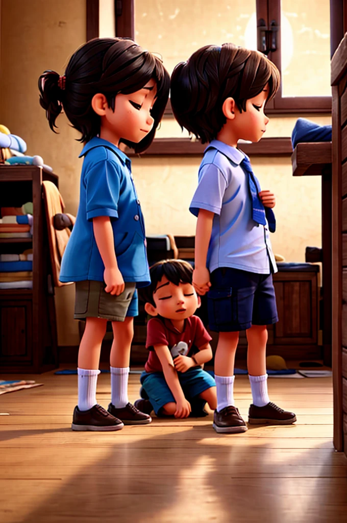 TWO 3 YEAR OLD CHILDREN PRAYING ON THEIR KNEES AND CLOSING THEIR EYES