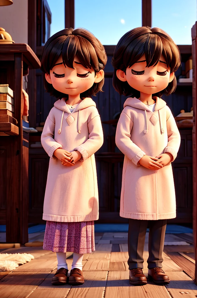 TWO 3 YEAR OLD CHILDREN PRAYING ON THEIR KNEES AND CLOSING THEIR EYES