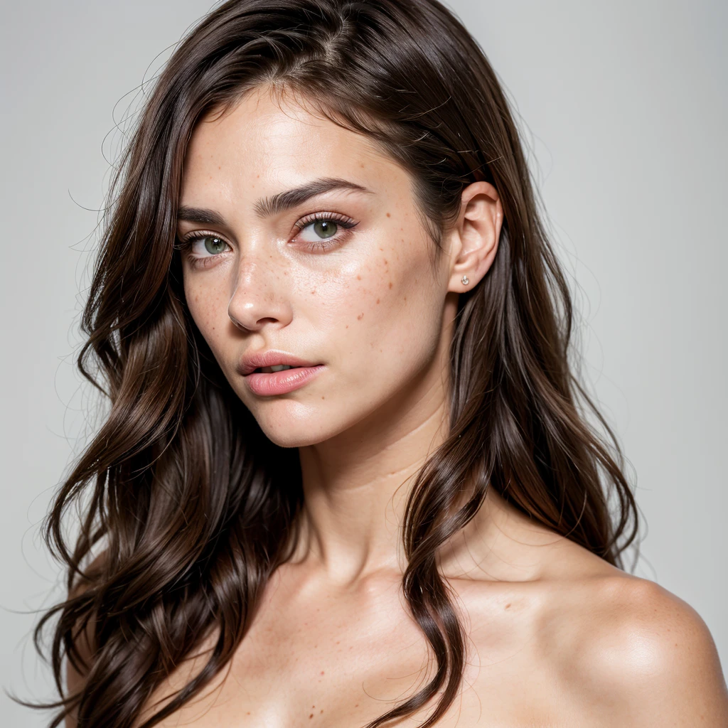((best quality, Exceptional quality)), ((better skin texture, premium quality material)), (portrait de visage), Beautiful brunette with green eyes, from front shot, freckle on face, long wavy hair, Beautiful closed mouth, ultra realistic face, 0 defaut, 4K, portrait from front shot, photo from front shot, white background, photo de visa, white back ground, closed mouth, visage de top model