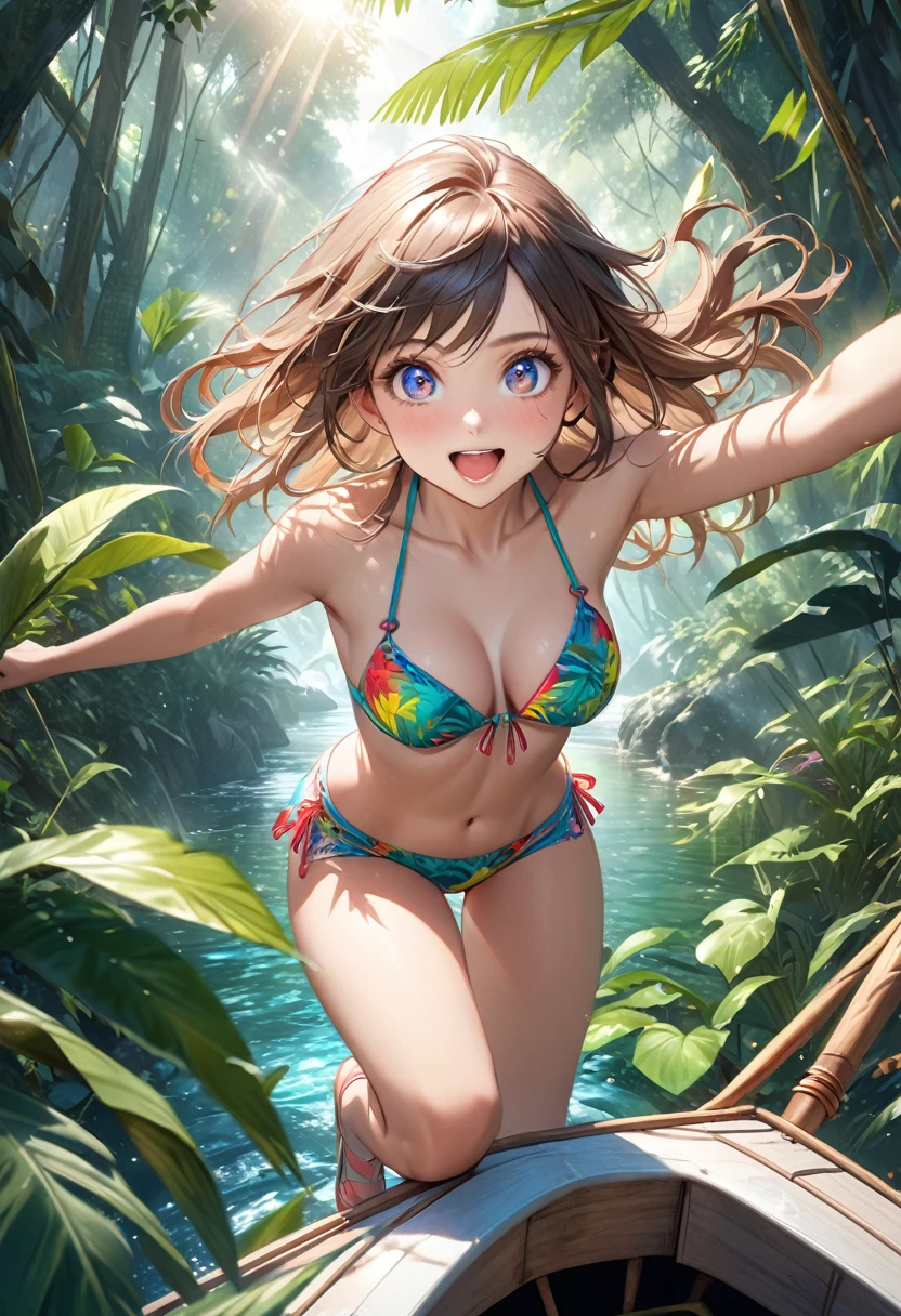 a beautiful young girl in a colorful cute bikini top and hot pants exploring the jungle on a boat, excited to discover the unknown world, detailed face and eyes, beautiful detailed(bright eyes, sparkling  pupils, longeyelash), beautiful detailed(Excited look full of expectations), middle breasts, highest detailed, 16k, hyper-realistic, photorealistic:1.37, masterpiece:1.2, highres, dynamic exciting pose, river, lush vegetation, sunlight filtering through leaves, sense of adventure, vibrant colors, detailed portrait