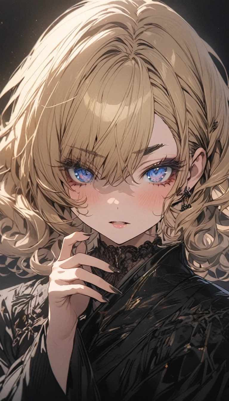 masterpiece, Highest quality, Very detailed, High resolution, Japanese anime,One girl, Golden Hair, (short hair:1.4), Curly Hair, Wavy Hair, Drill Hair, Dull Hair, (eyelash:1.3), (eye shadow:1.3), (Eyebrow:1.3), blue eyes, (Beautiful attention to detail:1.4), (Close:1.5), Evil Grim Reaper, , original character, Fantasy, (Black background:1.2), Beautiful fingers, Are standing, Shoot from the front, View your viewers, Face close-up