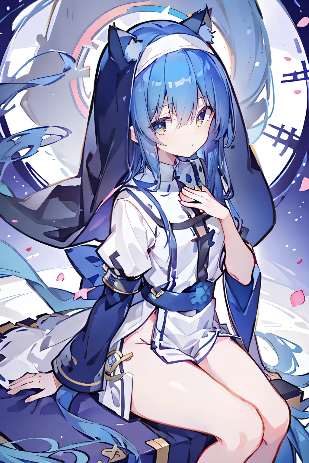 (masterpiece:1.2),Extremely detailed,Practical,expressive eyes,Fair skin,Perfect face shaping,1 Girl,
Japanese cartoons,Gorgeous blue hair, the long flowing blue hair,Floating clothes,Cat ears,Petals fall,beautiful lola,Young Angel,
Place your hands on your waist,sit elegantly on the ground,Cross your legs,Gentle and peaceful background,stately church,nun.