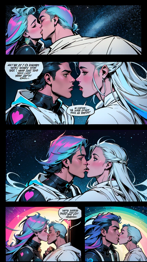 In love,spectrum, holographic, Transparent, professional kiss, awakening, starry, fantasy, ultimate best quality,beautiful woman,Speech bubble, big 