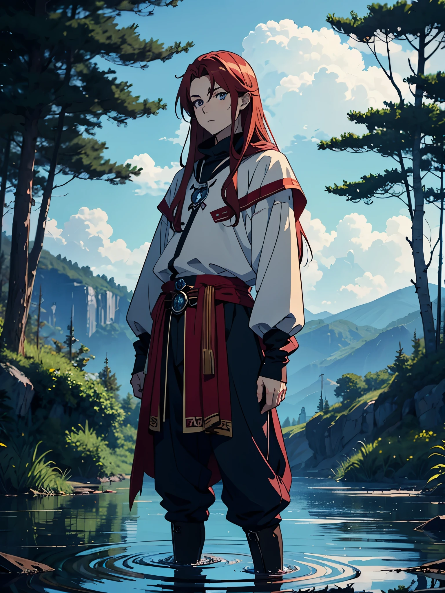 More anime style. blue flames. 2d. flatter. anime style. Viking clothing. soft. More anime. Standing in a lake. More anime. More 2d. Clean. More anime. 2d. Glow. Red hair. More anime. male. Long hair. long red hair. boy, vikings. red hair. Blue eyes. fire. 