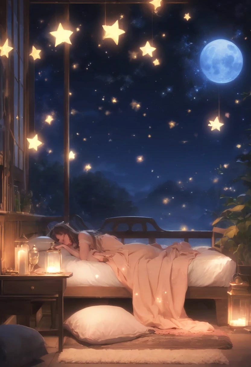 (Peaceful Dreams,夜のTranquility,Tranquility,peaceful sleep),(Highest quality,Very detailed,Realistic),(Painting),(Shining Star,Gentle moonlight),(Soft pillow,Comfortable bed,Dreamy atmosphere),(Tranquility,Luxurious sleep),(Peaceful and serene),(Subtle colors,Dark and warm tones),(Soft and diffuse lighting)