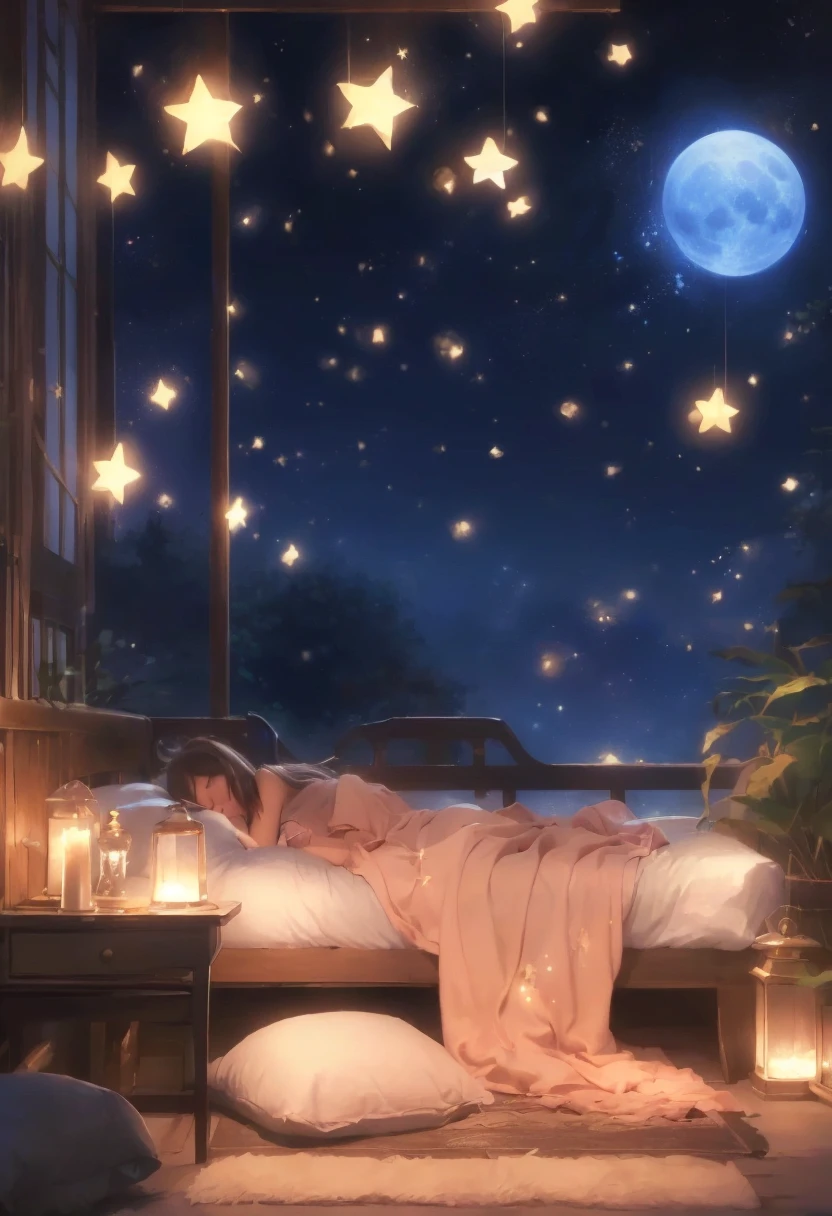 (Peaceful Dreams,夜のTranquility,Tranquility,peaceful sleep),(Highest quality,Very detailed,Realistic),(Painting),(Shining Star,Gentle moonlight),(Soft pillow,Comfortable bed,Dreamy atmosphere),(Tranquility,Luxurious sleep),(Peaceful and serene),(Subtle colors,Dark and warm tones),(Soft and diffuse lighting)
