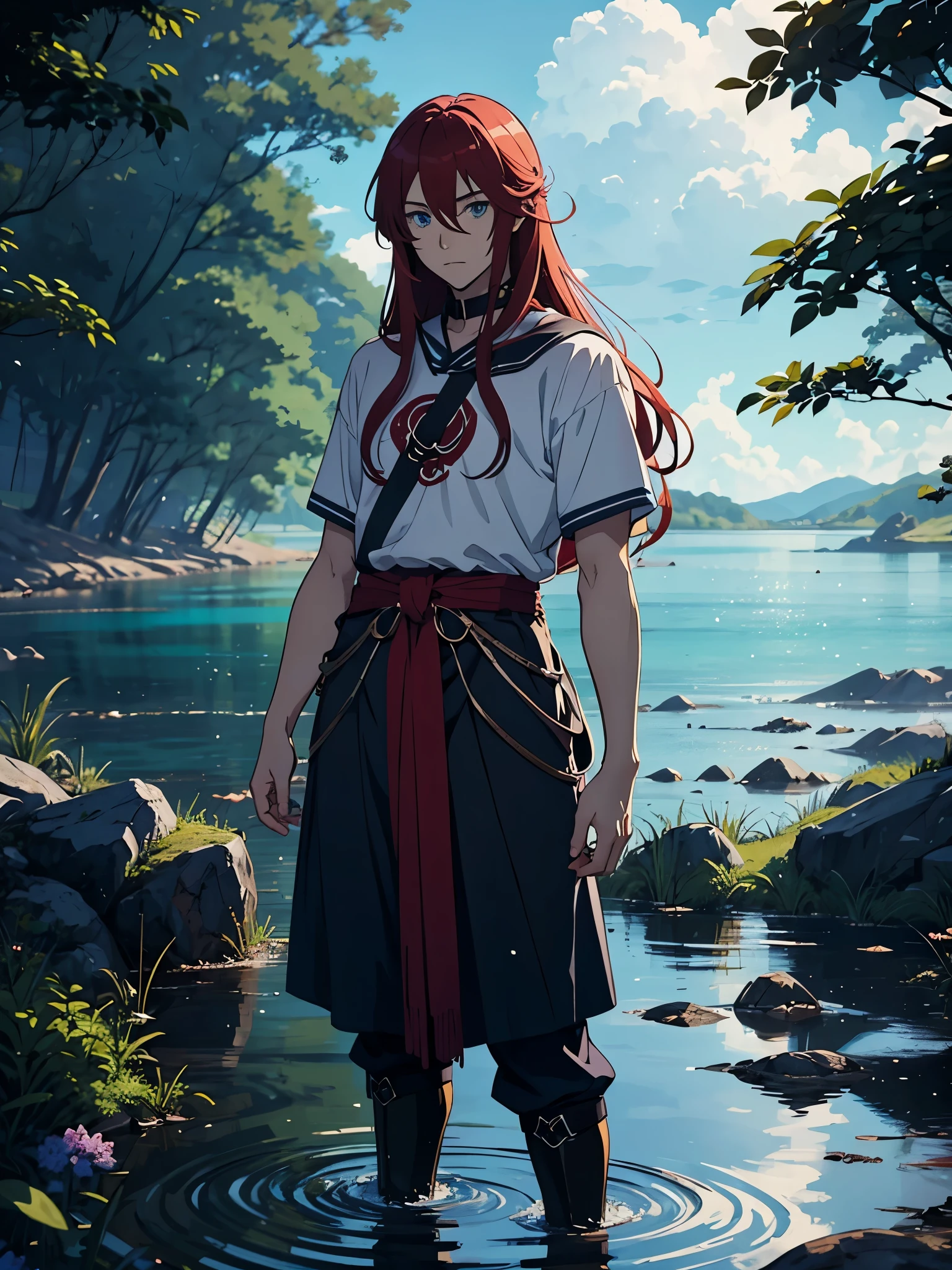 More anime style. blue flames. 2d. flatter. anime style. Viking clothing. soft. More anime. Standing in a lake. More anime. More 2d. Clean. More anime. 2d. Glow. Red hair. More anime. male. Long hair. long red hair. boy, vikings. red hair. Blue eyes. fire. 