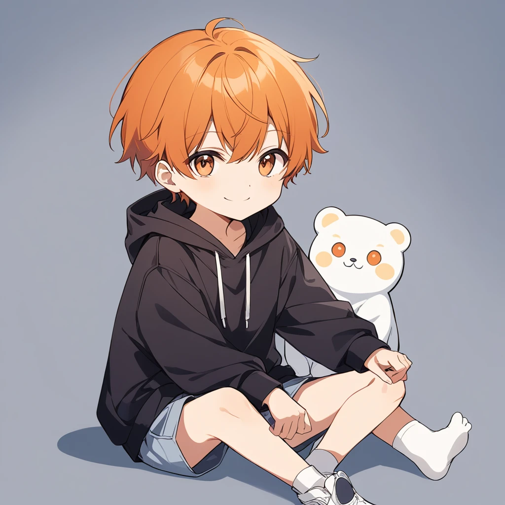 Orange Hair, Orange eyes,Short Hair,smile, a bit, hoodie,maleの子一人,a bitキャラ,anime,whole body,mini,Sitting,male,半袖のhoodie,小さいmaleの子