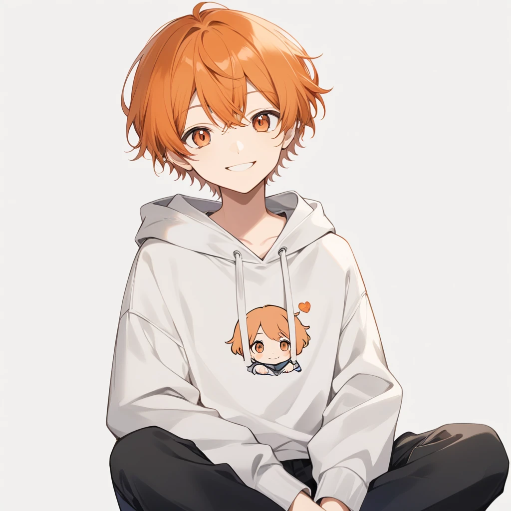 Orange Hair, Orange eyes,Short Hair,smile, a bit, hoodie,maleの子一人,a bitキャラ,anime,whole body,mini,Sitting,male,半袖のhoodie,小さいmaleの子