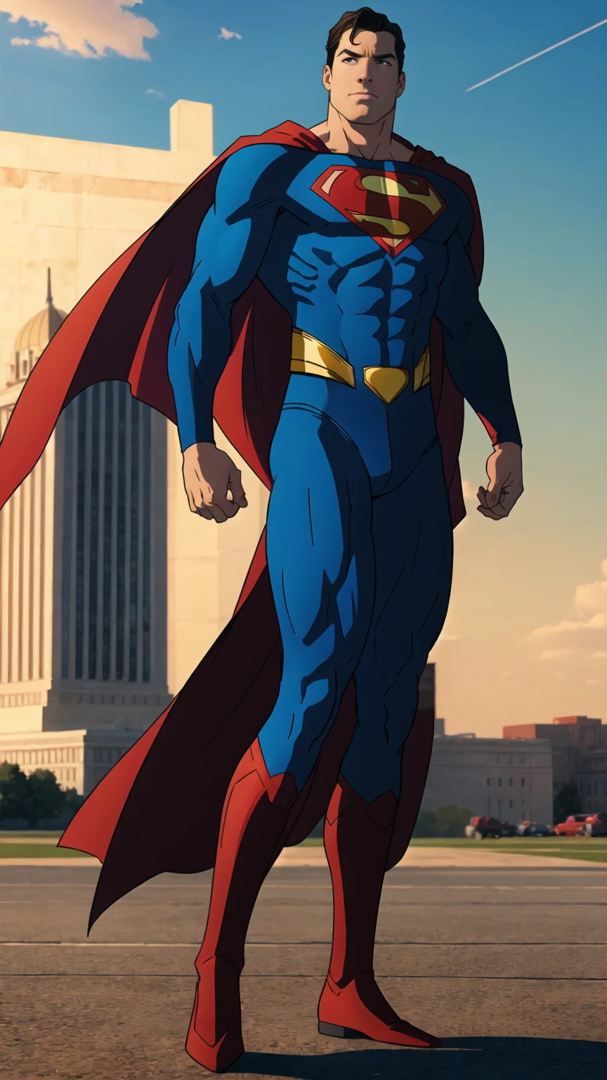 ((full body photo, standing, feet on the ground)) dc comics, superman