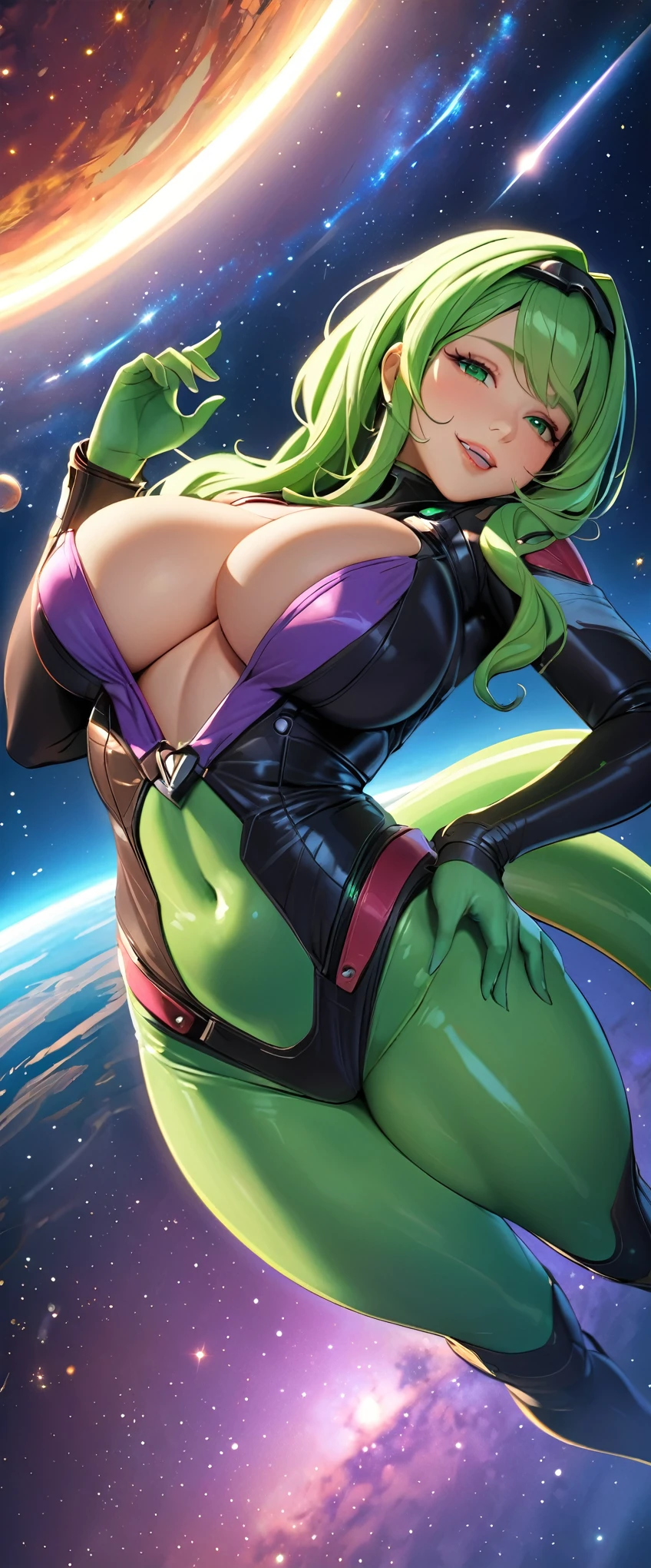 (Beautiful alien woman floating in space),((Green Skin)),(Very long tentacle hairs),Space Tech Suit,Milky Way,milky way,(Cute smile),(sexy),(Voluptuous),(Big Breasts),(Thick thighs),(((Hand,detailed,perfect,perfection,hands))),(dynamic)