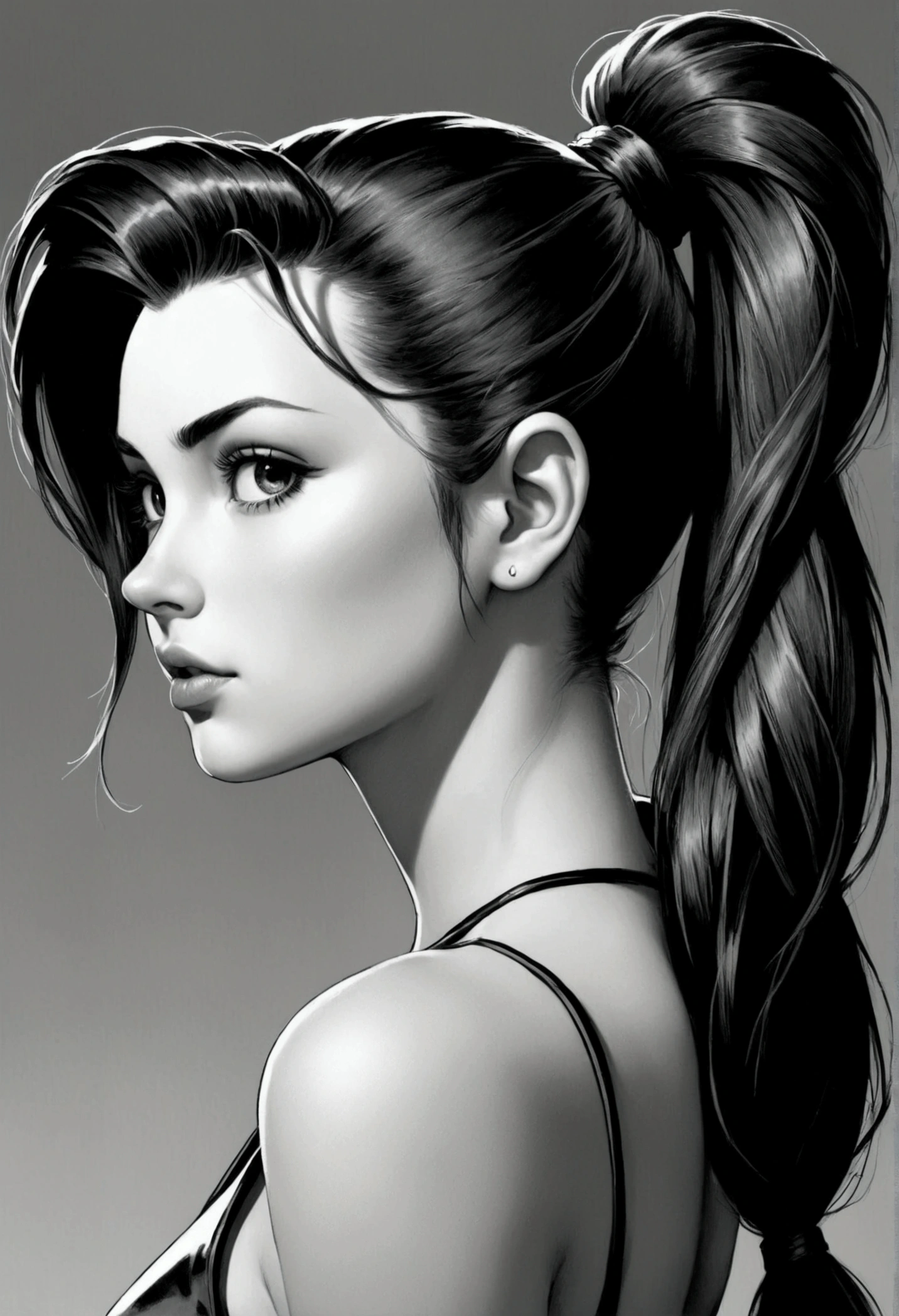 a girl, about 20 years old, hair with ponytail, sensuous, black andwhite, Dash, 80’s, comics style, Miro Manara, Le Clic