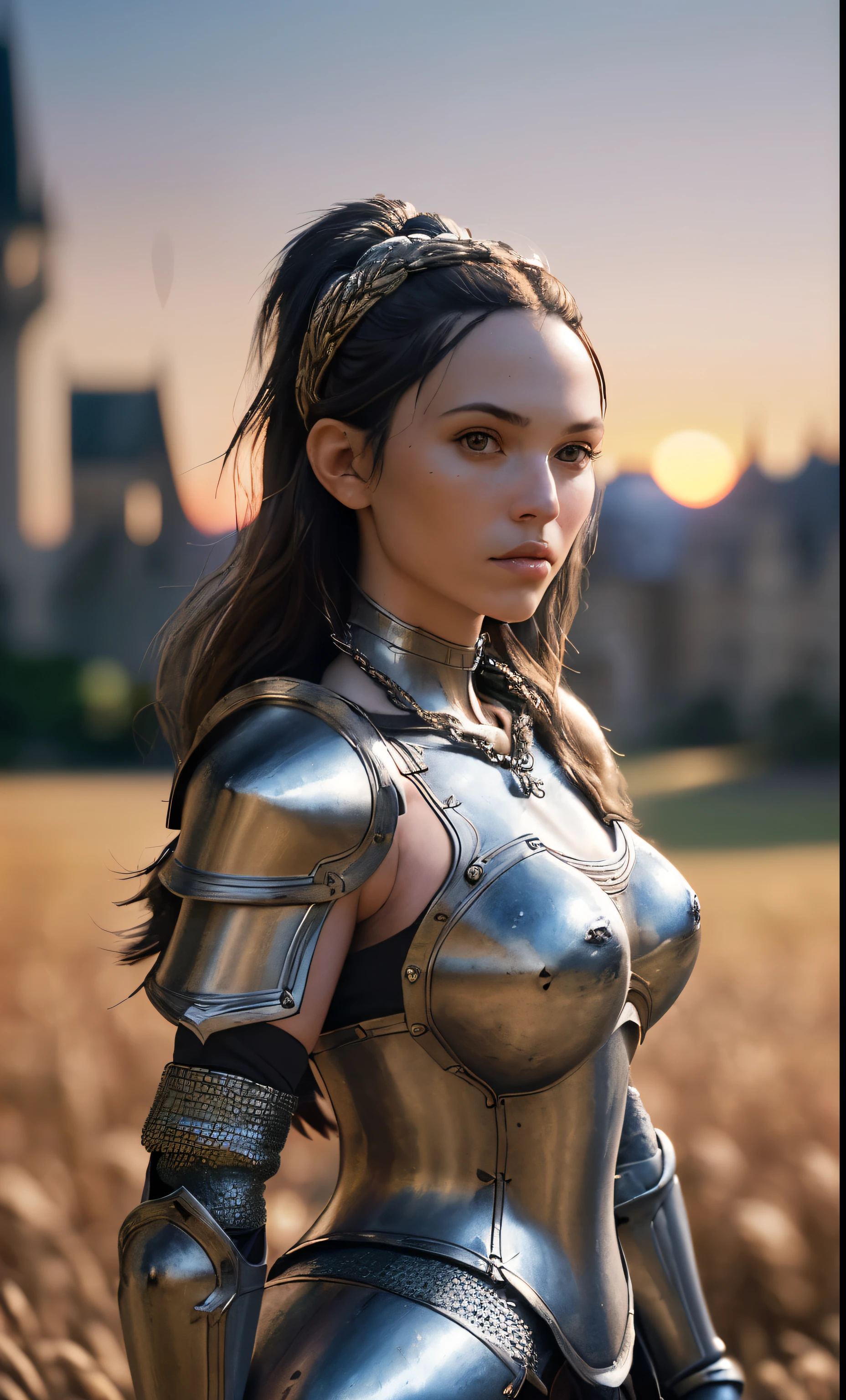 (work of art), (extremely complex:1.3), (realisitic), portrait of a , the most beautiful in the world, (medieval armor), metallic reflections, trunk, plein-air, Strong Sunlight, far away castle, professional photography of a stunning woman detailed, sharp focus, Dramatic, awardwinning, cinematic lighting, octane render unreal engine,  volumetric dtx, (film grain, nblurry background, blurry foreground, bokeh, Depth of field, sunset, motion-blur:1.3), Chain mail