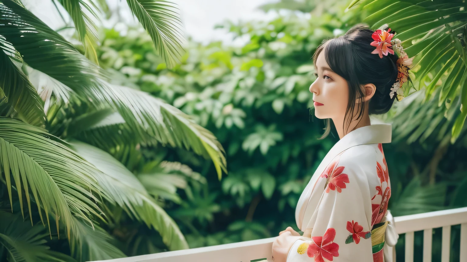 A woman in a kimono looking out at tropical palm trees and the emerald green sea from a balcony。Wearing a hibiscus hair ornament。cute。Landscape of sunny summer day