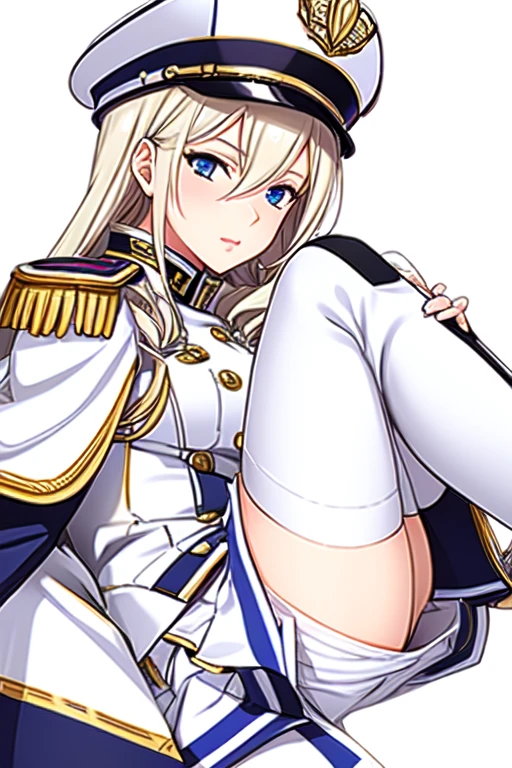 celia\(walkure\), celia\(uniform\),1girl, mature female, solo,
blue eyes, 
black thighhighs, high heels, white uniform, white cargo pants, (white shako cap),
best quality, highest quality, ultra-detailed, masterpiece, illustration, ultra detailed background,
