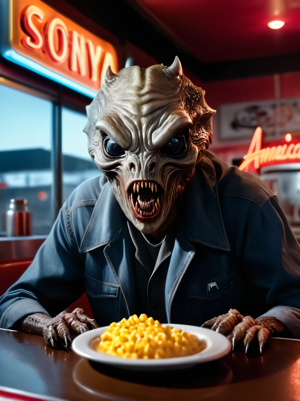 hyper realistic and highly detailed, an otherworldly horror creature, half body portrait, cinematic, movie still, captured in the style of Sony Alpha A7 III camera, working at American diner