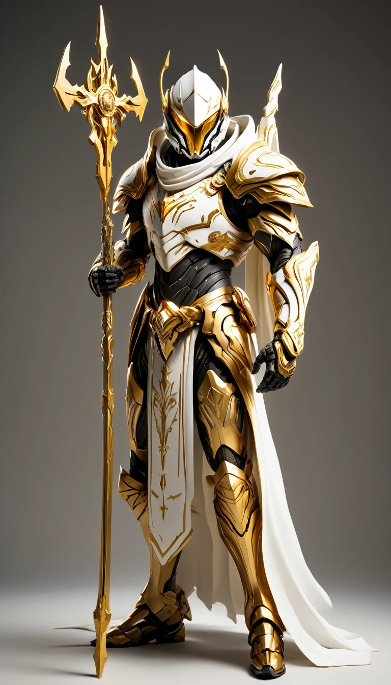 Masterpieces, thin male, Holy White Knight, Action style shot, (Battle Priest in a warframe and halo style armor with a staff with a cross), (Gold and White color scheme), (white hood and cape), (action shot: holding staff), white and gold tabard (solid color background), centered, full body shot fighting, sci-fi knight, Halo master chief, vibrant colors, visible figure joints, cinematic shot, volumetric lighting, intricate pattern detail, highly detailed