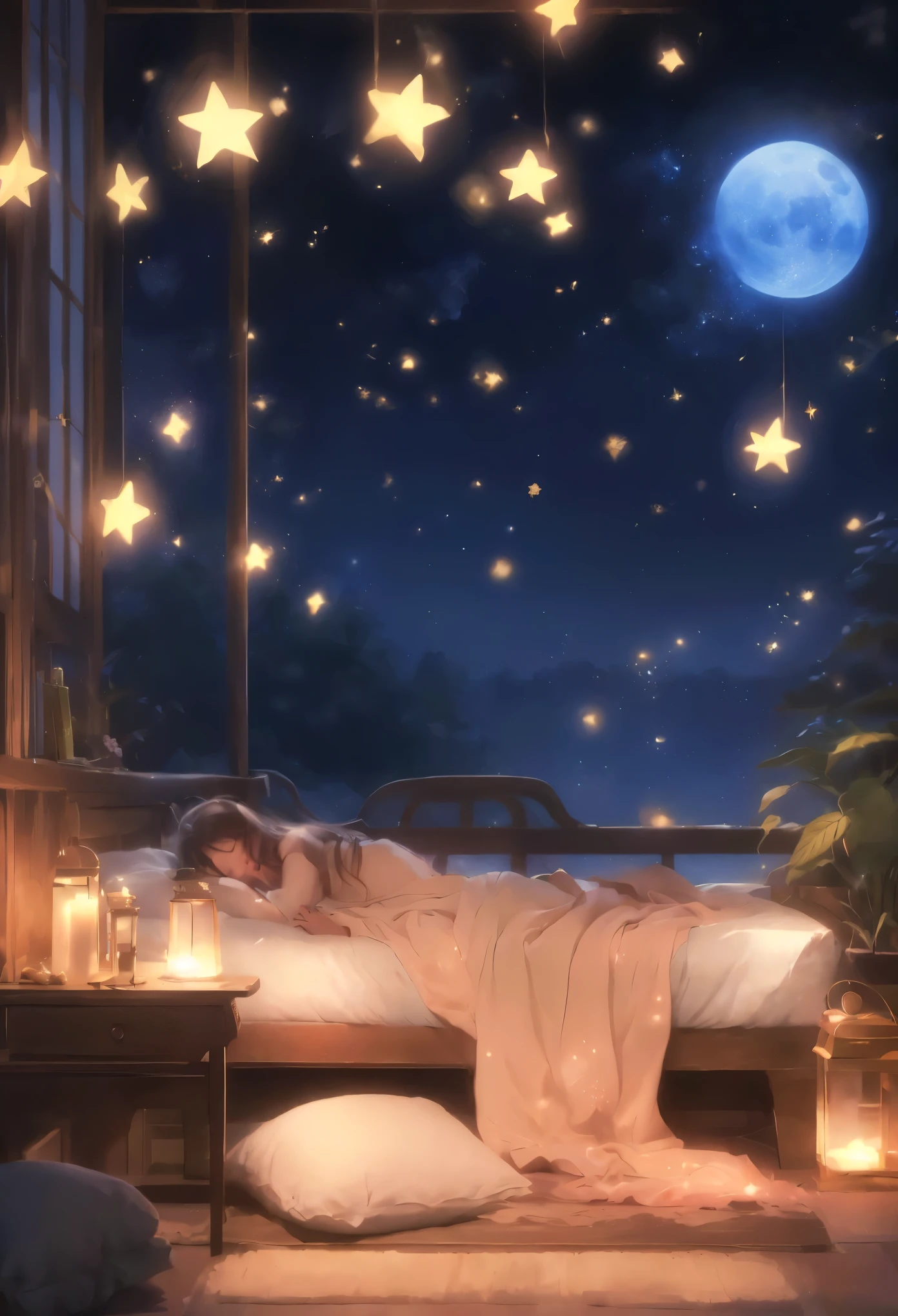 (Peaceful Dreams,夜のTranquility,Tranquility,peaceful sleep),(Highest quality,Very detailed,Realistic),(Painting),(Shining Star,Gentle moonlight),(Soft pillow,Comfortable bed,Dreamy atmosphere),(Tranquility,Luxurious sleep),(Peaceful and serene),(Subtle colors,Dark and warm tones),(Soft and diffuse lighting)
