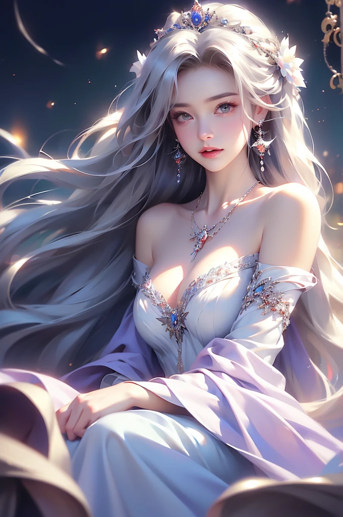 (masterpiece:1.5, Highest quality, Very detailed、 Dutch Angle、Semi-realistic、Fantasy)(One Girl, alone)(White and beautiful hair:1.6,,Straight Long Hair)(White based dress、Fantasyの衣装)、((Off the shoulder、Mid-chest、ruby ​​necklace))(Beautiful cleavage、Legs wrapped in tights)(Beautiful starry sky、Mystical Night、Particles of light float around the woman、Fantasy space) Waiting to start
