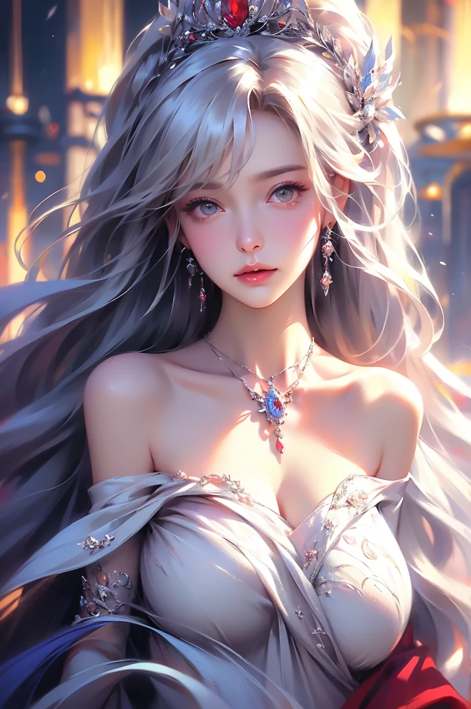 (masterpiece:1.5, Highest quality, Very detailed、 Dutch Angle、Semi-realistic、Fantasy)(One Girl, alone)(White and beautiful hair:1.6,,Straight Long Hair)(White based dress、Fantasyの衣装)、((Off the shoulder、Mid-chest、ruby necklace))(Beautiful cleavage、Legs wrapped in tights)(Beautiful starry sky、Mystical Night、Particles of light float around the woman、Fantasy space) Waiting to start