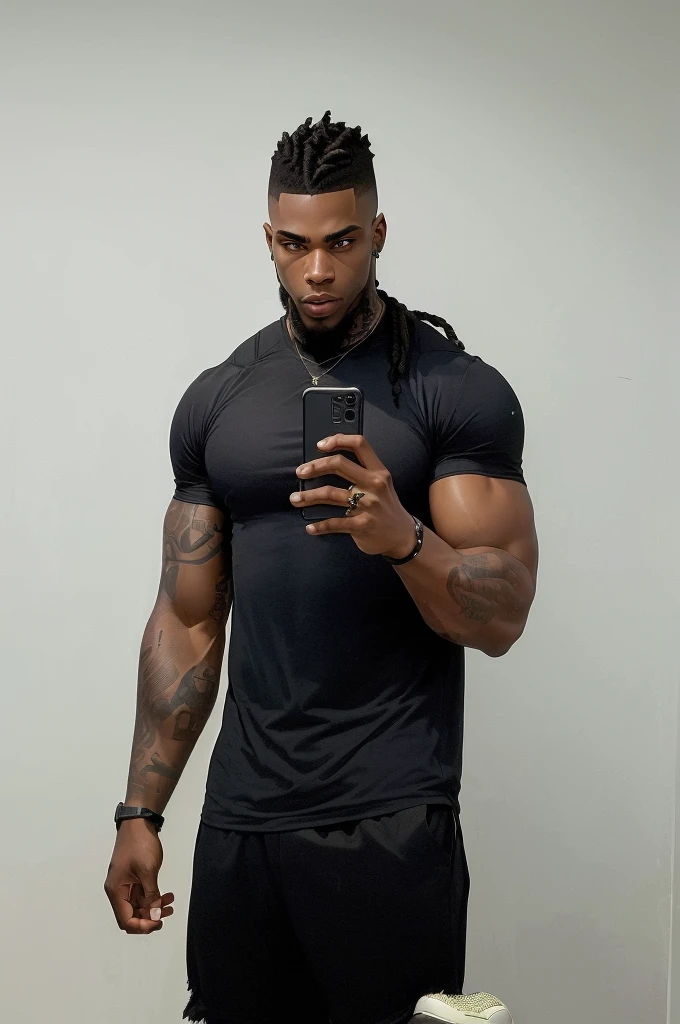 there is a man standing in front of a mirror with a cell phone, he is wearing a black t-shirt, man is with black skin, fit pic, posing and flexing, profile image, tight black tanktop, 30 year old man :: athletic, black thor, thicc, tight shirt, flexing large muscles, wearing tight shirt, short styled dreadlocks with shaved sides, trendy haircut, tattoos