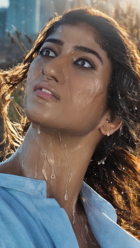 (best quality,4k,8k,highres,masterpiece:1.2),ultra-detailed,(realistic,photorealistic,photo-realistic:1.4), profesional photograph, natural light, ((portraits, a beautiful young indian nayanthara)), 28 years old, (wet button shirt:1.3), exposed her breast, seductive look, soft glow, elegant beauty, perfect face with soft skinice, detailed blue grey eyes, sexy pose, delicate skin texture, flowing messy hair, lustly expression, sexy posture, collarbone, naturally droopy breast, (sitting:1.2) , (grass field with skyline:1.3), subtle shadows, daylight and clouds background, shallow depth of field, foggy and greeney atmosphere, fine art photography, close up, (seen from below:1.3, low angle:1.3), facing forward, photon mapping, 