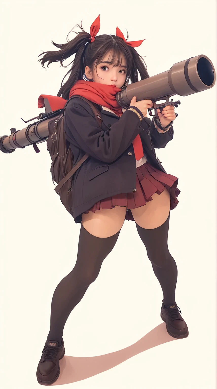 (8K, RAW photos, best quality, masterpiece: 1.2) (realisticlying, photograph realistic: 1.4)  (a high school girl holding a bazooka)