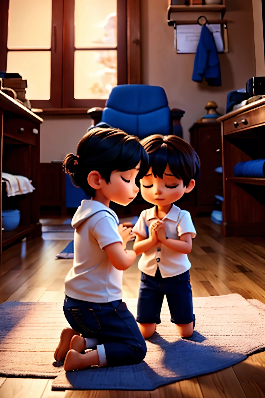 TWO 3 YEAR OLD CHILDREN PRAYING ON THEIR KNEES AND CLOSING THEIR EYES