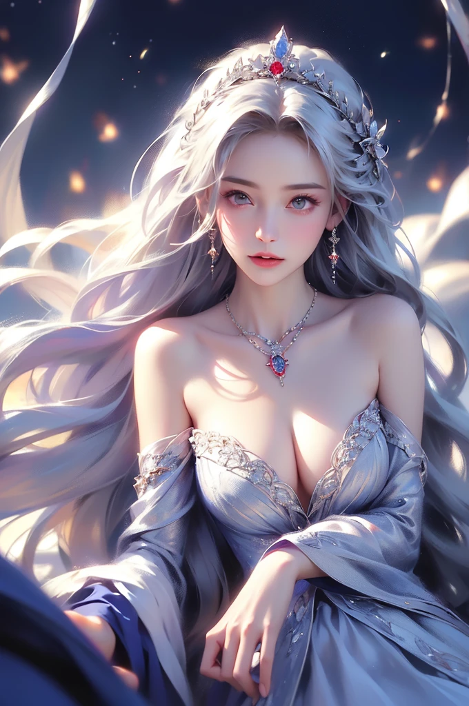 (masterpiece:1.5, Highest quality, Very detailed、 Dutch Angle、Semi-realistic、Fantasy)(One Girl, alone)(White and beautiful hair:1.6,,Straight Long Hair)(White based dress、Fantasyの衣装)、((Off the shoulder、Mid-chest、ruby necklace))(Beautiful cleavage、Legs wrapped in tights)(Beautiful starry sky、Mystical Night、Particles of light float around the woman、Fantasy space) Waiting to start