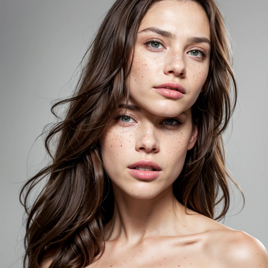 ((best quality, Exceptional quality)), ((better skin texture, premium quality material)), (portrait de visage), Beautiful brunette with green eyes, from front shot, freckle on face, long wavy hair, beautiful mouth, ultra realistic face, 0 defaut, 4K, portrait from front shot, photo from front shot, white background, photo de visa, white back ground, visage de top model