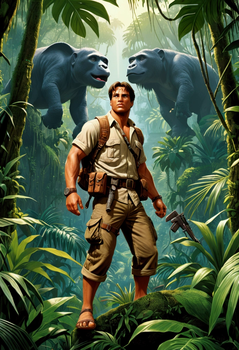 (Jungle Adventurer), a (1990s) video game art style, magazine cover, full body, award-winning, cinematic still, emotional, vignette, dynamic, vivid, (masterpiece, best quality, Professional, perfect composition, very aesthetic, absurdres, ultra-detailed, intricate details:1.3)
