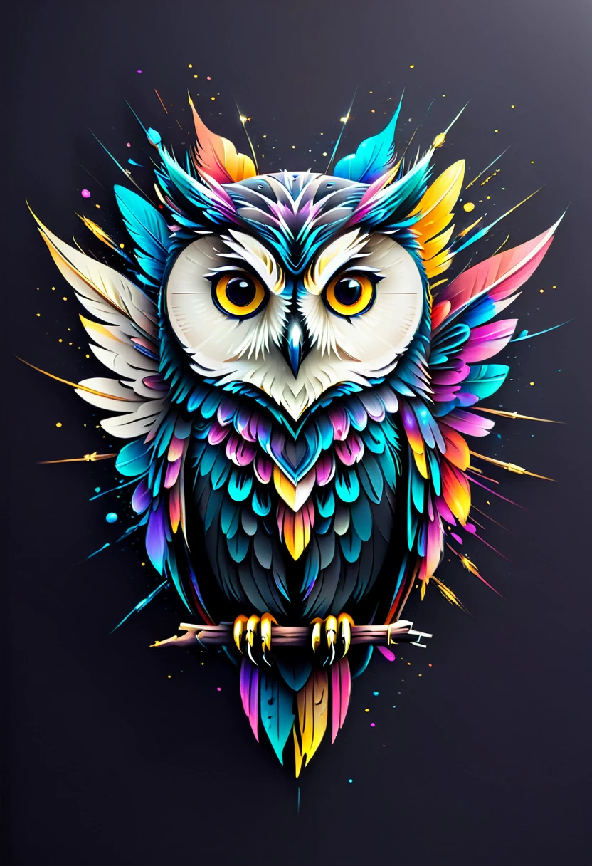 Prompt: Design a logo featuring an owl. Please consider the following elements: • No text included • Utilize the silhouette of an owl to create a simple and highly recognizable design • Emphasize the owl’s large eyes, designing the shape and pupils in a geometric and stylish manner • Abstract the feather patterns, incorporating delicate and beautiful lines into the design • Focus on minimalism, eliminating unnecessary details • Break down the owl’s shape into geometric forms, combining straight and curved lines to give a modern impression • Maintain symmetry for a balanced design Color Specifications: • The main colors should be black and white to emphasize a sleek and simple impression • Use a muted gold or deep blue as accent colors for the owl’s eyes and some feathers • The accent colors should be used sparingly to not overwhelm the overall design balance Owl Shape Specifications: • The overall shape of the owl should have a rounded silhouette • The eyes should be large and give a sharp impression • The beak and ear tufts should be simplified to maintain the overall balance • Minimize or omit the legs and talons to keep them from drawing too much attention • Use abstract and geometric patterns for the feathers to provide unity in the design Overall, create a logo design that captures the essence of an owl in a simple and sophisticated manner.Colorful paint ink splashes、Concept Art、Logo Design、Breathtakingly beautiful、Artistic、Masterpiece、Black background