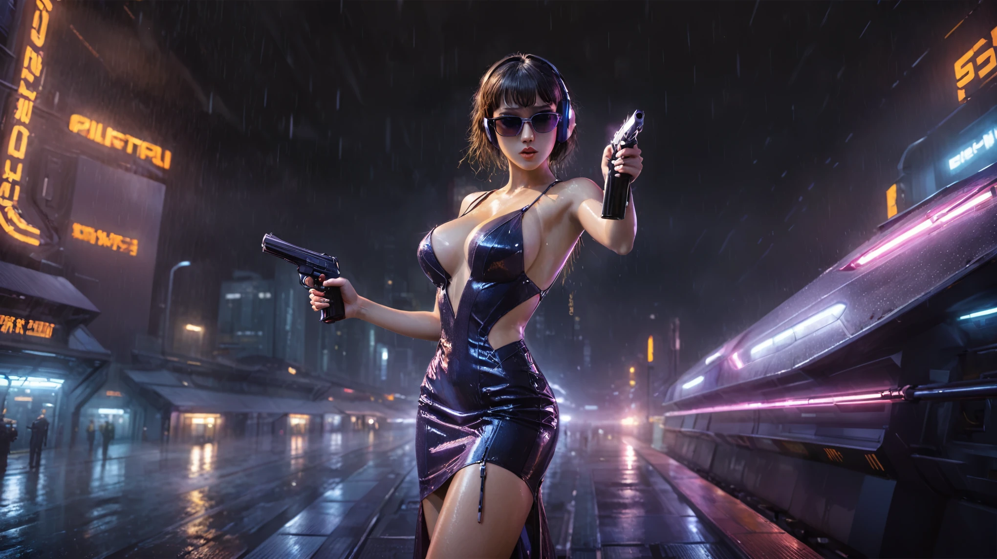 (((aerial view))), Blade Runner style futuristic railway platform, hi-tech train, neon lights, rainy night. (1girl, solo, alone), large-breast:1.2 slim body, cleavage:1.1, sexy wind blowing wet dress:1.4, headphone, (black sunglasses), (((she raised a pistol:1.8 and shot:1.8 the viewer))), dynamic pose, (((half-body thigh level medium shot))), cinematic lighting, lens flare, ray tracing, blurred:1.4 background.