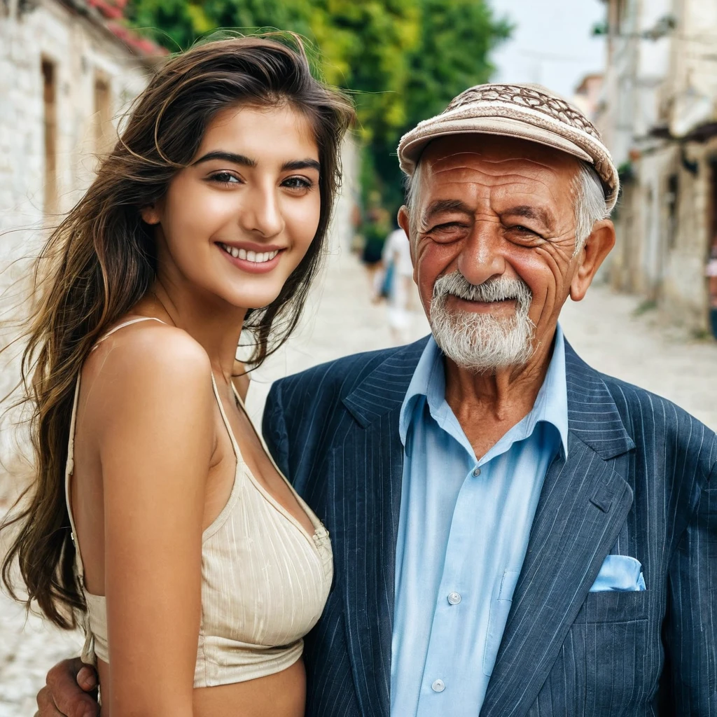 An old man from Turkey stands next to a beautiful, young and sexy girl, they are a happy couple, both are happy
