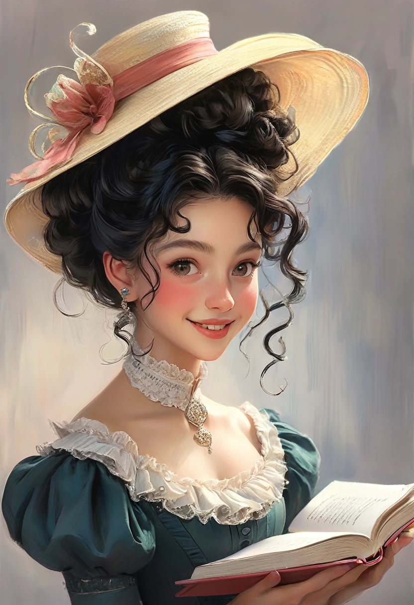 A colored pencil drawing of a pretty smiling happy victorian governess, curly black hair. Kind and inteligent, joyful energy. hair in bun, hat. book of poetry in hand. full features, round face