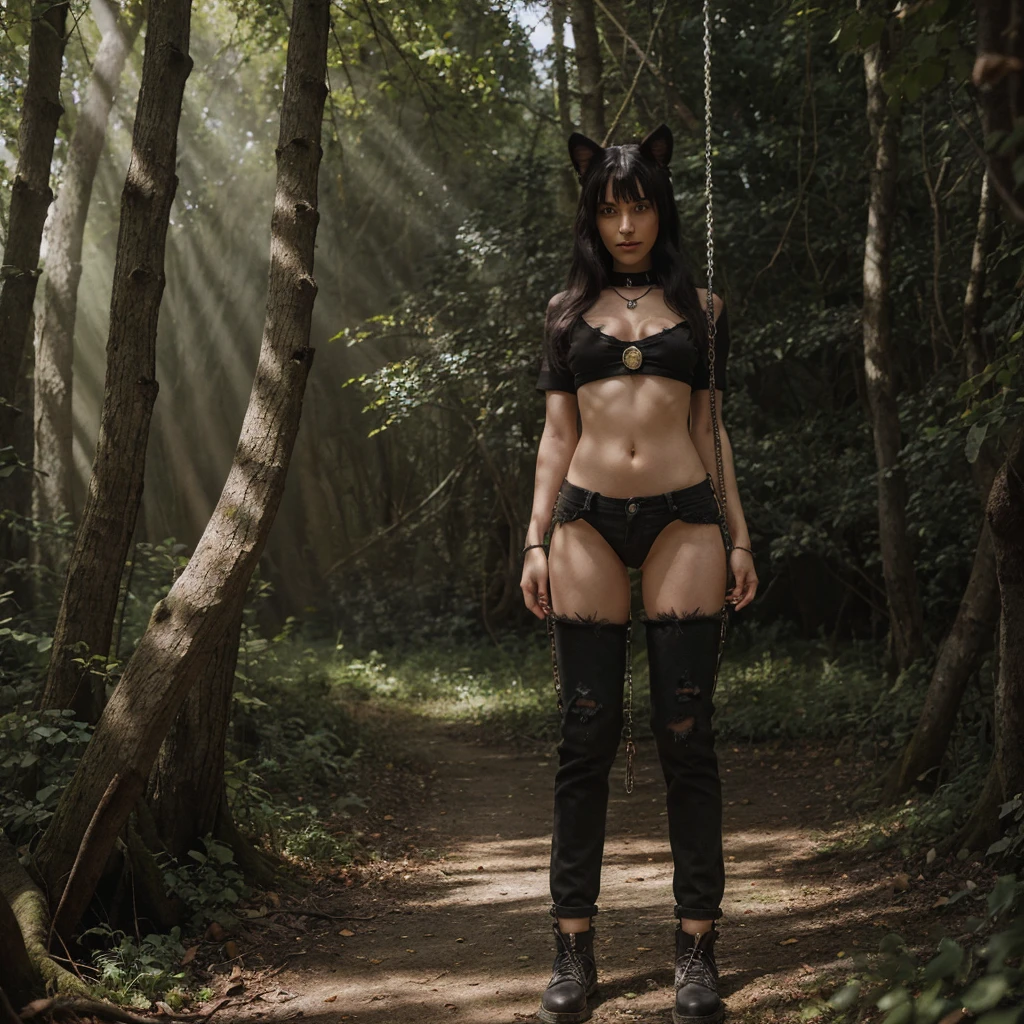forest, catgirl, cat ears, tail with black fur, black cropped t-shirt adorned with medals and chains, black jeans adorned with chains and patches, beams of sunlight shining through the canopy, yellow eyes, calico fur, beautifully lit, insanely detailed, stunning environment