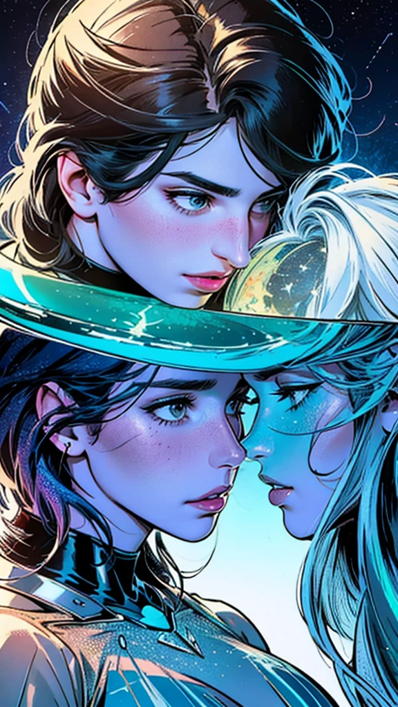 In love,spectrum, holographic, Transparent, professional kiss, starry, fantasy, ultimate best quality,beautiful woman,Speech bubble, big ♥️