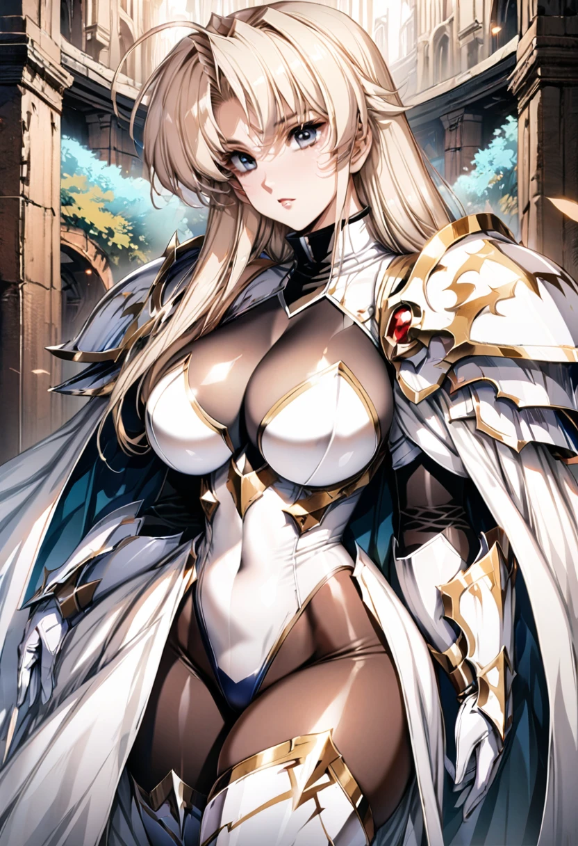 ((highest quality)), ((masterpiece)), ((hyperrealistic)), (detailed background), 1girl, ((curvy: 1.2)), perfect face, Langrisser, makeup, holding weapon, ((high neck racing leotard: 1.5)), ((catsuit)), ((white paladin armor: 1.3)), ((long skirt)), (cloak de cour), gauntlet, gloves, silver straight hair, ahoge, parted bangs, (huge breasts), (see-through cleavage cutout), (pantyhose thigh), (zettai ryouiki armored thigh high boots), beautiful eyes, Perfect hands, perfect fingers,